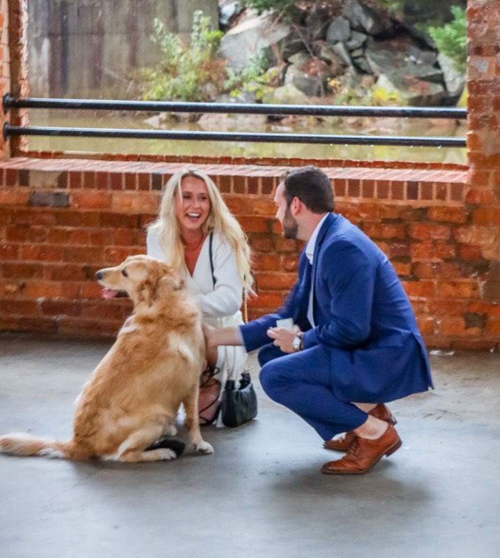 The couple crouched with their golden retriever after the yes